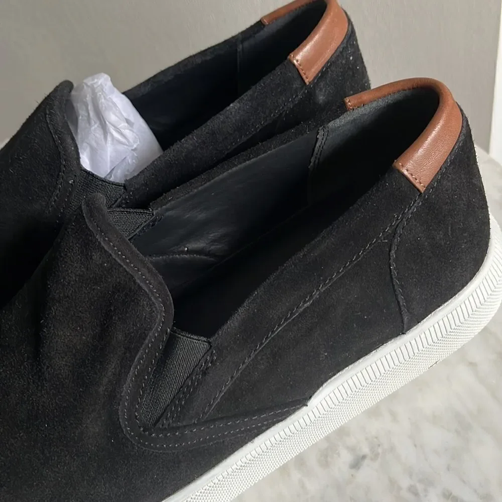 Vince Suede Slip On Sneakers in Black with brown leather accent on heel, 12